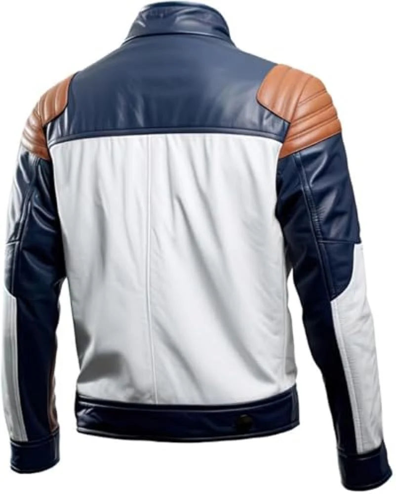White-Brown Bomber Sleek Premium Sheepskin Leather Jacket for Men