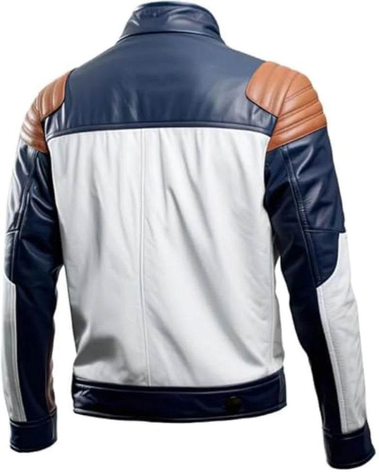 White-Brown Bomber Sleek Premium Sheepskin Leather Jacket for Men