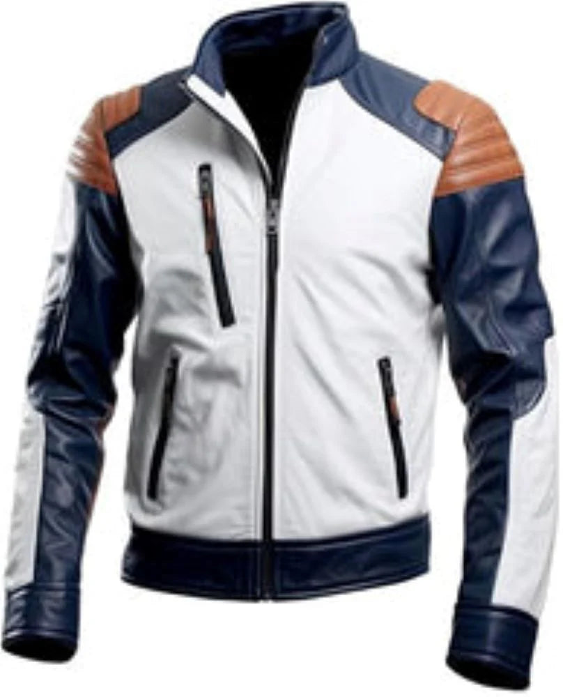 White-Brown Bomber Sleek Premium Sheepskin Leather Jacket for Men