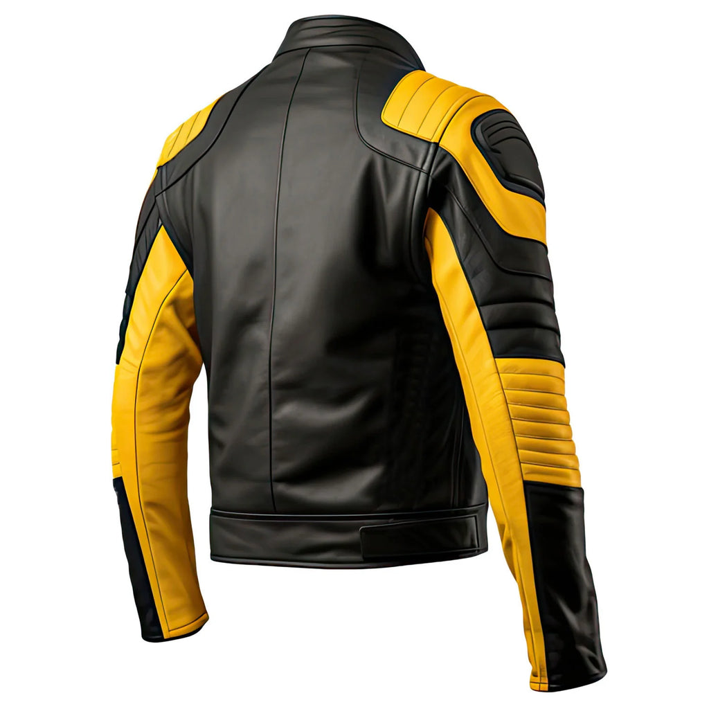 Yellow Black Genuine Lambskin Quilted Racer Leather Jacket for Men