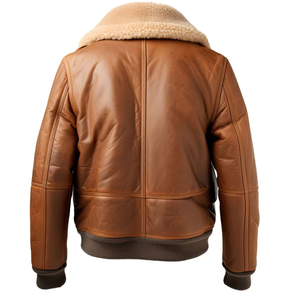 Brown Shearling Fur Bomber Premium Sheepskin Leather Jacket for Men