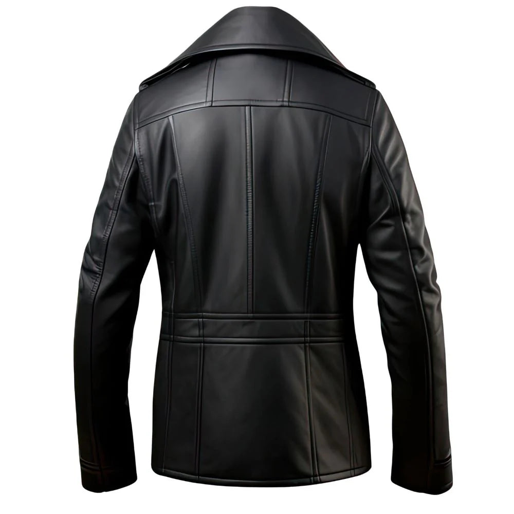 Black Double Breasted Sheepskin Trench Pea Coat for Men