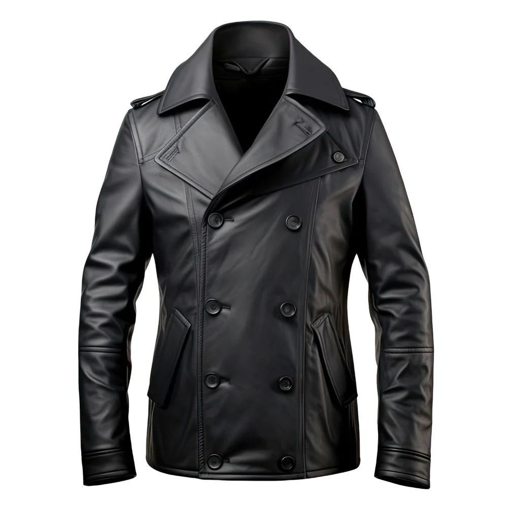 Black Double Breasted Sheepskin Trench Pea Coat for Men