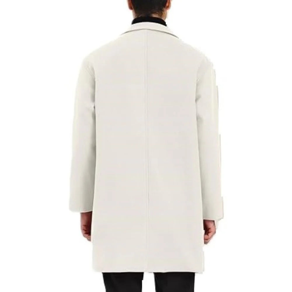 White Notch Lapel-Collar Long Lambskin Leather Trench Coat for Men