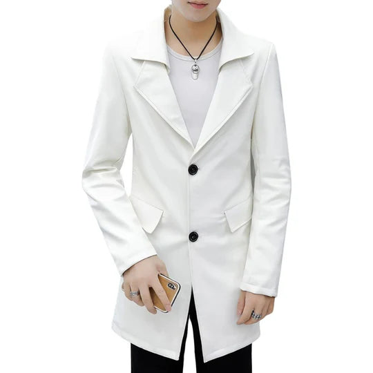 White Notch Lapel-Collar Long Lambskin Leather Trench Coat for Men