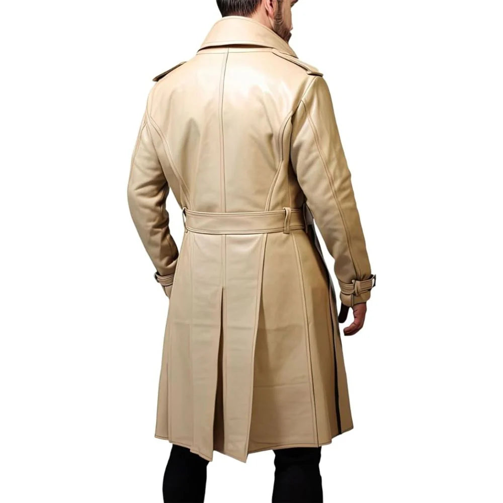 Beige Brown Versatile Sheepskin Fit  Long Trench Leather Coat for Men