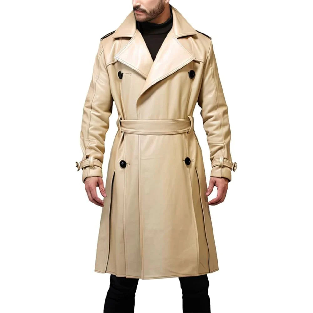 Beige Brown Versatile Sheepskin Fit  Long Trench Leather Coat for Men