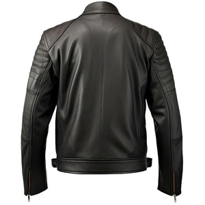 Black Genuine Sheepskin Quilted Style Motorcycle Leather Jacket for Men