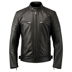 Black Genuine Sheepskin Quilted Style Motorcycle Leather Jacket for Men