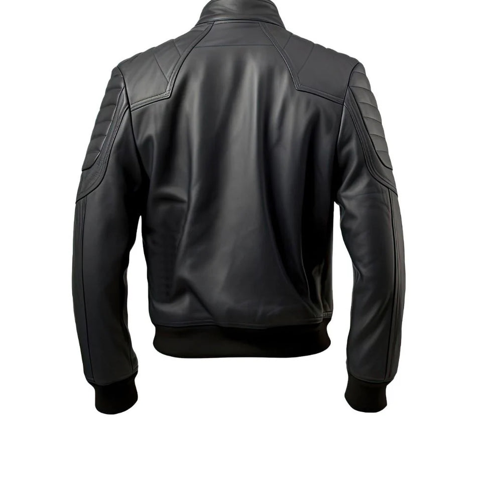 Bomber Black Genuine Sheepskin Windbreaker Biker Leather Jacket For Men