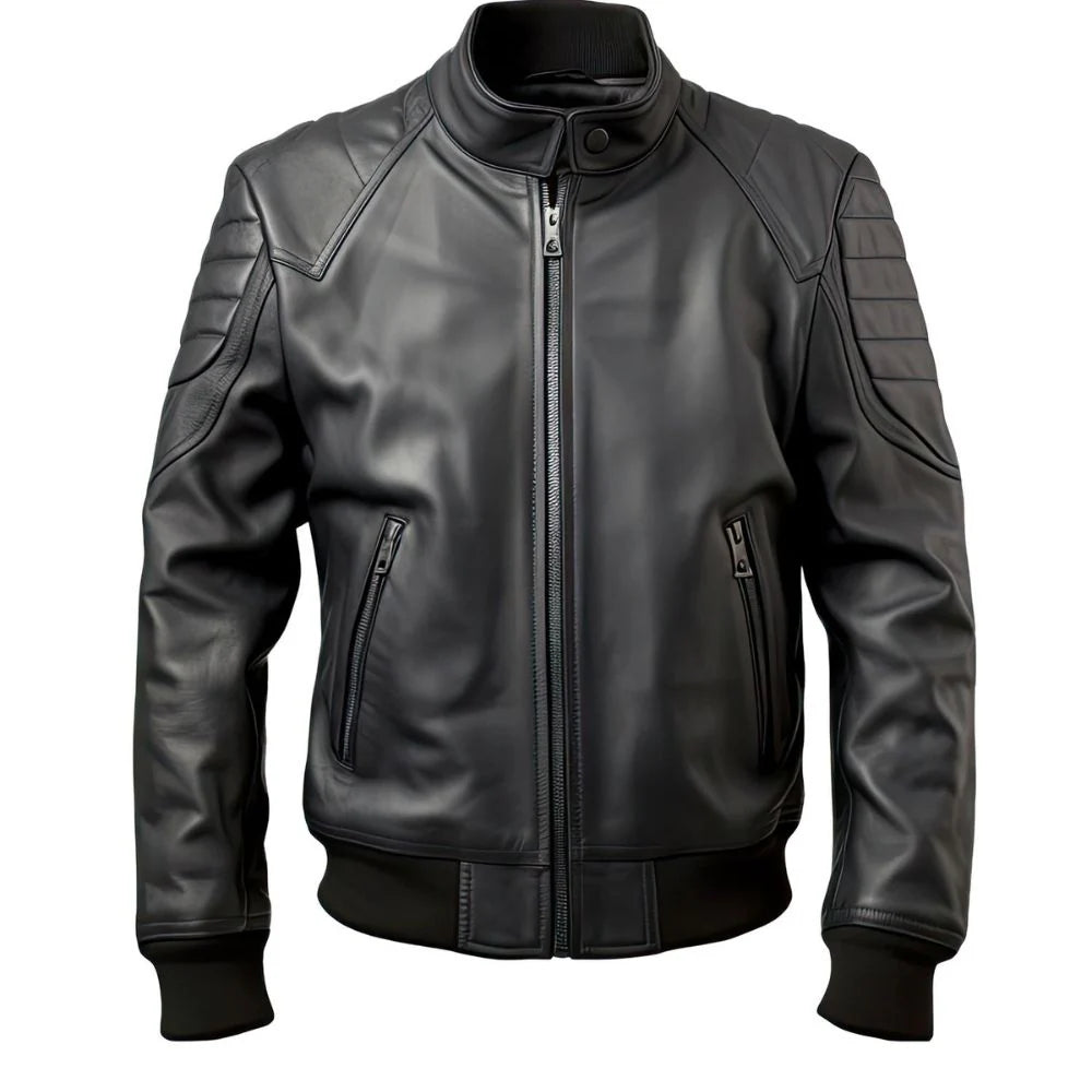 Bomber Black Genuine Sheepskin Windbreaker Biker Leather Jacket For Men