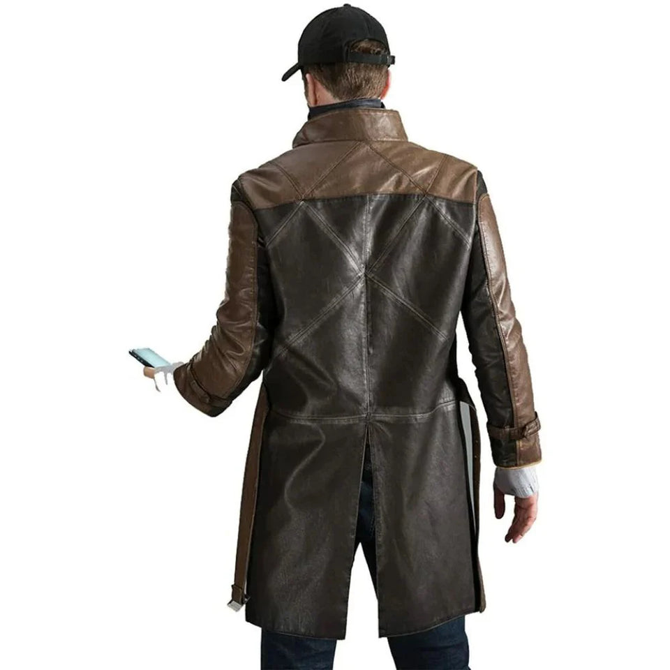 Brown Belted Aiden Pearce Premium Cowhide Leather Trench Coat for Men