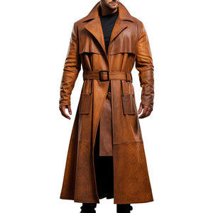 Distressed Brown Long Fitted Trench Premium Sheepskin Leather Coat for Men