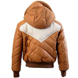 Brown Genuine Sheepskin Quilted Hooded Bomber Leather Jacket for Men