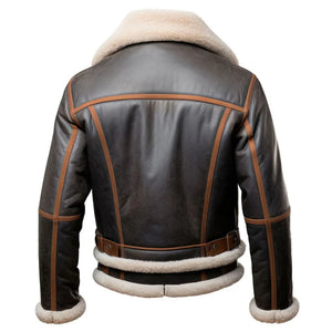 Brown Faux Shearling Fur Aviator Genuine Sheepskin Leather Jacket for Men