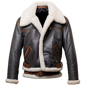 Brown Faux Shearling Fur Aviator Genuine Sheepskin Leather Jacket for Men