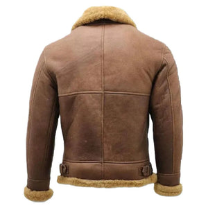 Brown Faux Shearling Fur Bomber Premium Sheepskin Leather Jacket for Men