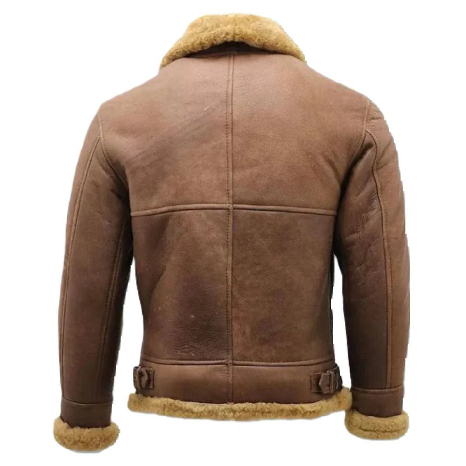 Brown Faux Shearling Fur Bomber Premium Sheepskin Leather Jacket for Men