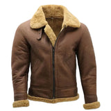 Brown Faux Shearling Fur Bomber Premium Sheepskin Leather Jacket for Men