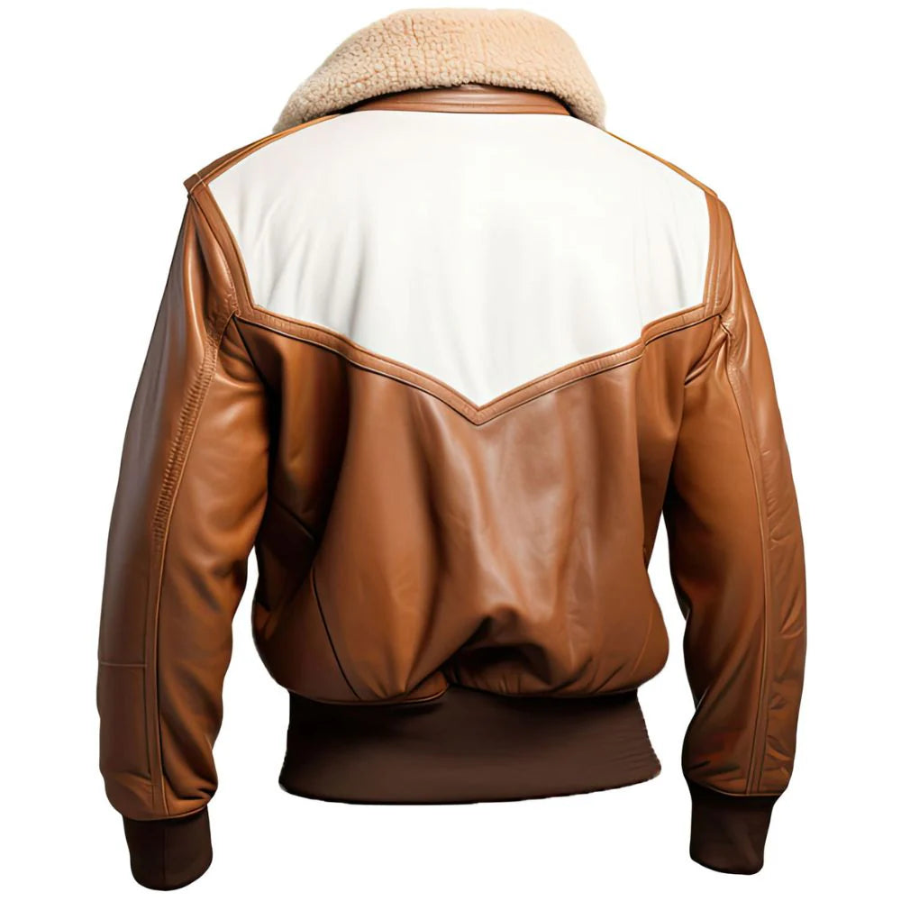 Brown White Panels Aviator Bomber Pure Sheepskin Leather Jacket for Men