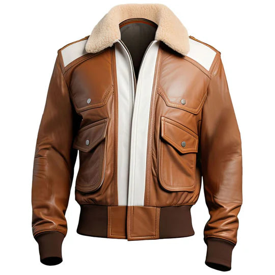 Brown White Panels Aviator Bomber Pure Sheepskin Leather Jacket for Men