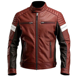 Maroon Cafe Racer Genuine Sheepskin Biker Leather Jacket for Men