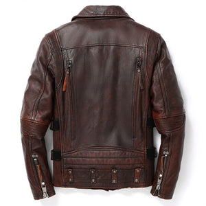 Distressed Brown Brando Moto Cowhide Genuine Leather Jacket For Men