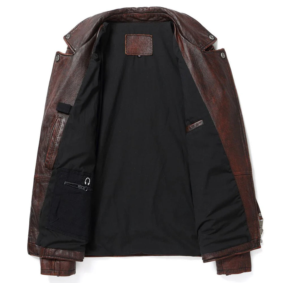 Distressed Brown Brando Moto Cowhide Genuine Leather Jacket For Men