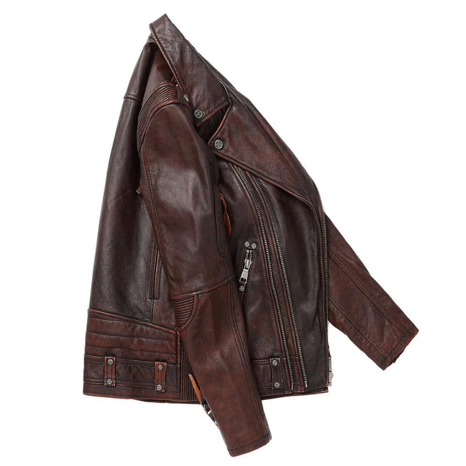 Distressed Brown Brando Moto Cowhide Genuine Leather Jacket For Men