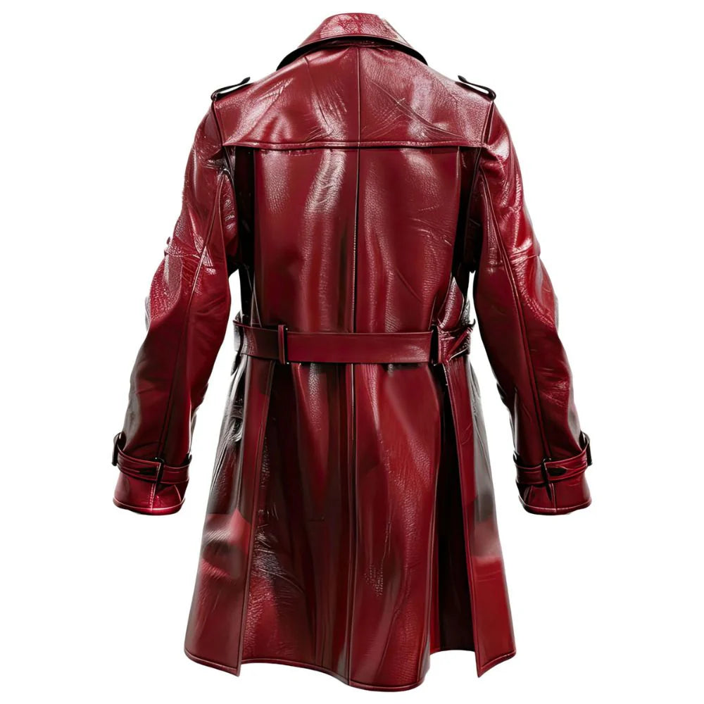 Distressed Maroon Double-Breasted Sheepskin Trench Leather Coat for Men