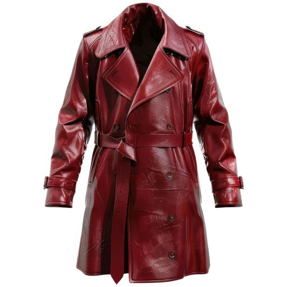 Distressed Maroon Double-Breasted Sheepskin Trench Leather Coat for Men