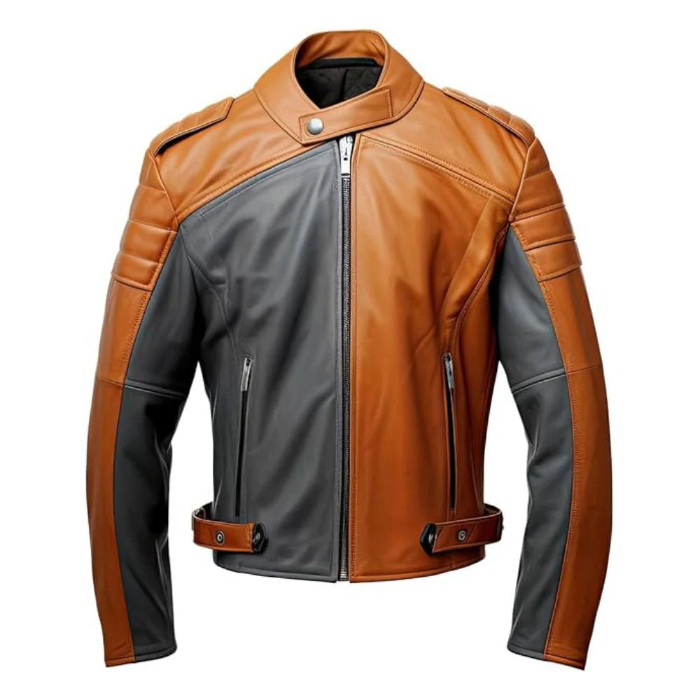 Maverick Brown-Grey Sheepskin Quilted Shoulder Leather Jacket for men