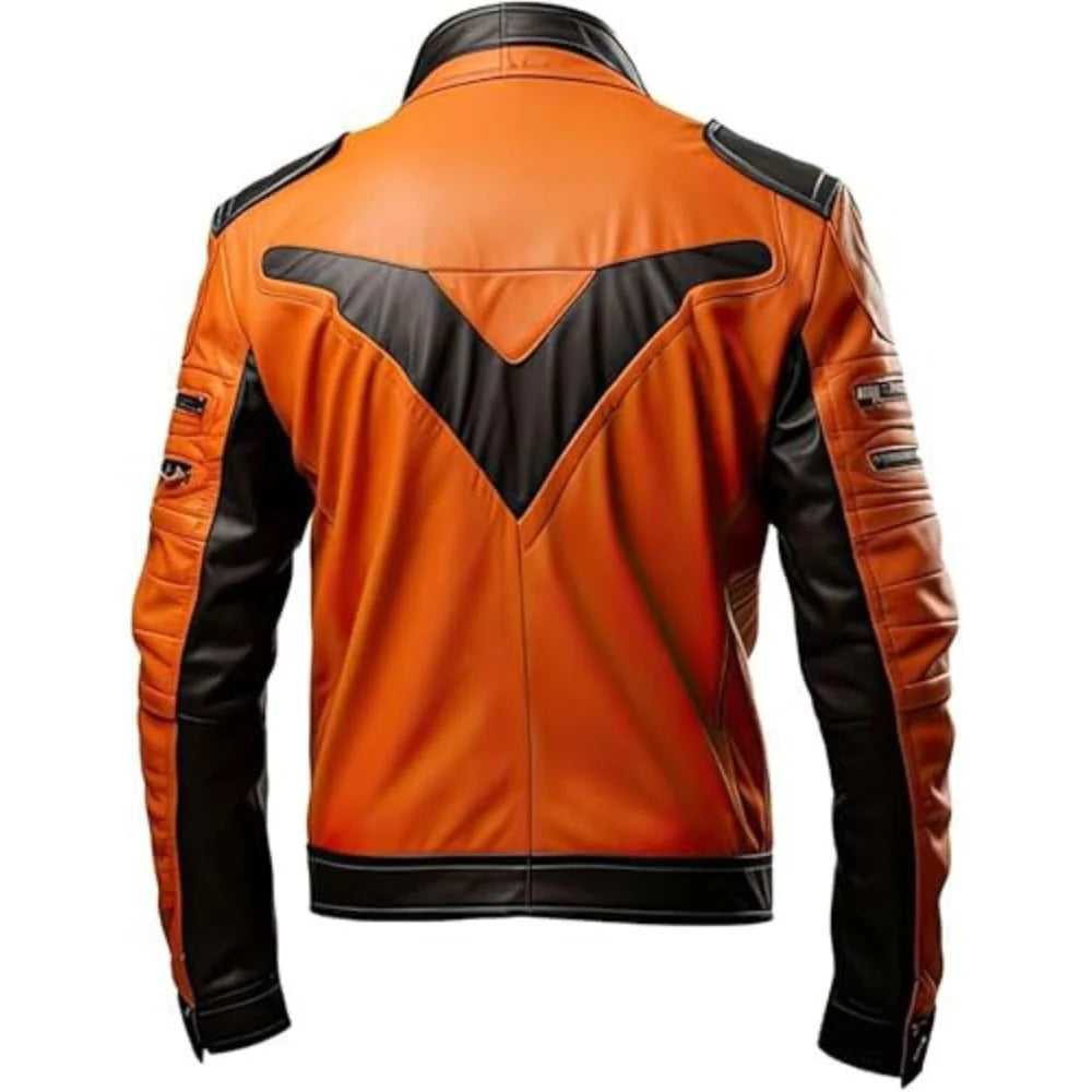 Orange Black Premium Sheepskin Zip-Up Motorcycle Leather Jacket for Men