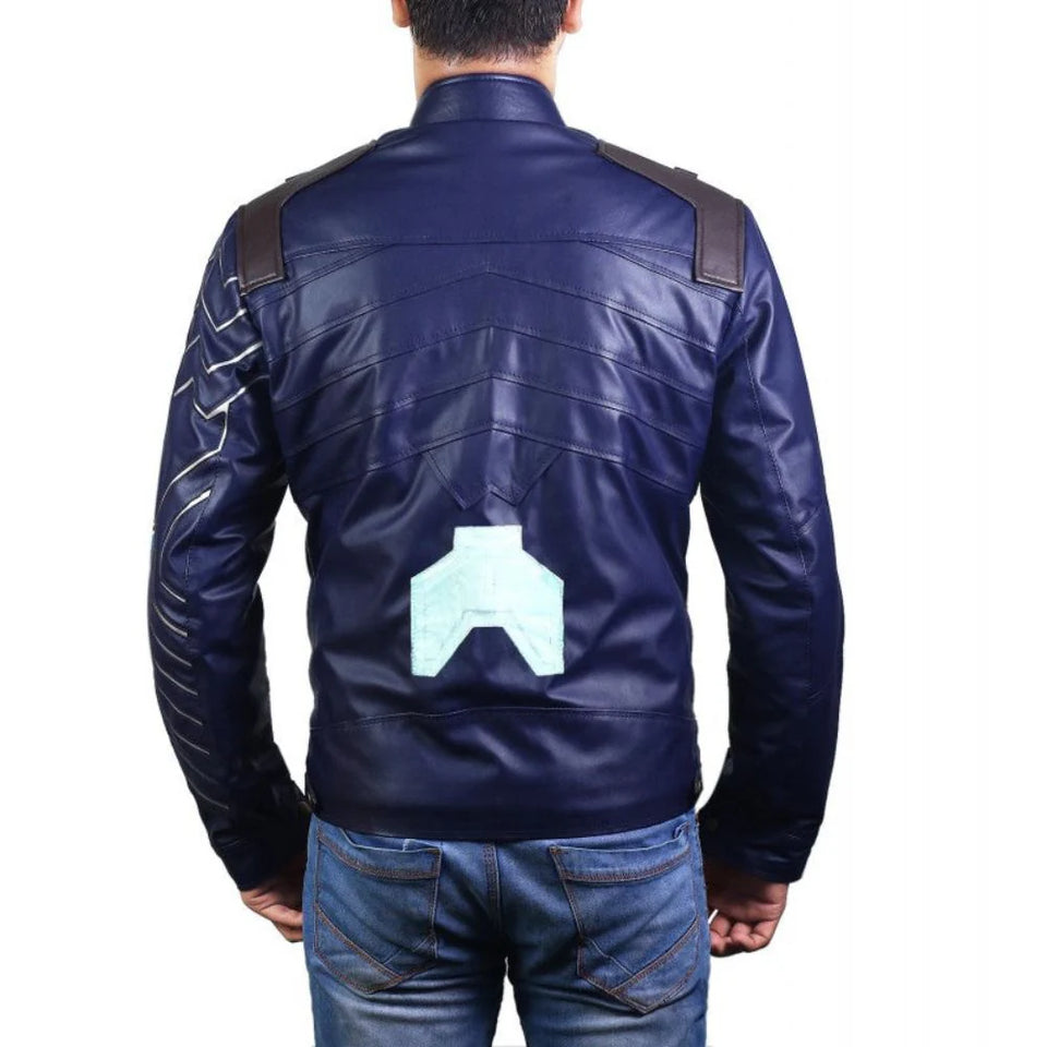 Vintage Blue Genuine Sheepskin Motorcycle Leather Jacket For Men