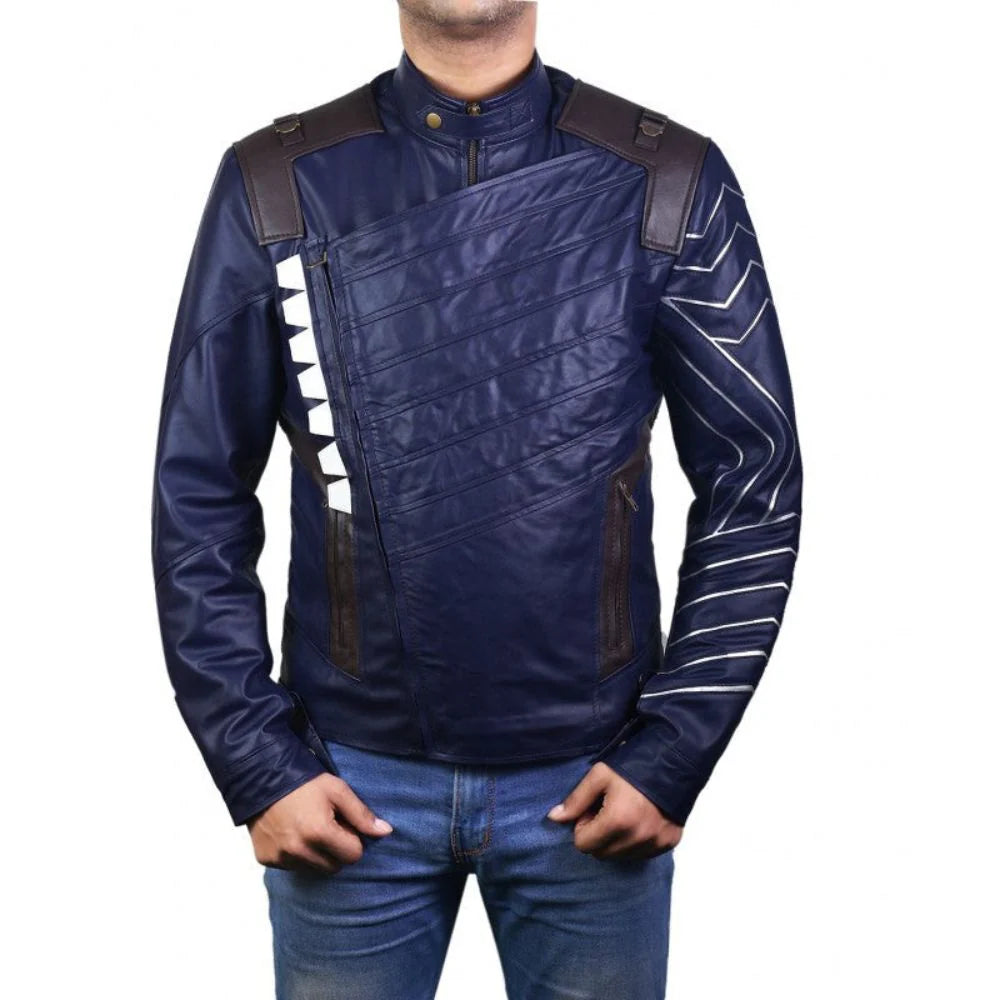 Vintage Blue Genuine Sheepskin Motorcycle Leather Jacket For Men
