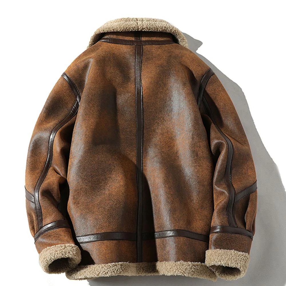 Distressed Brown Faux Shearling Fur Aviator B3 Bomber Leather Jacket For Men