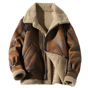 Distressed Brown Faux Shearling Fur Aviator B3 Bomber Leather Jacket For Men