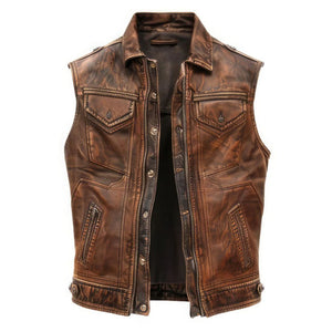 Vintage Distressed Brown Premium Leather Motorcycle Vest for Men