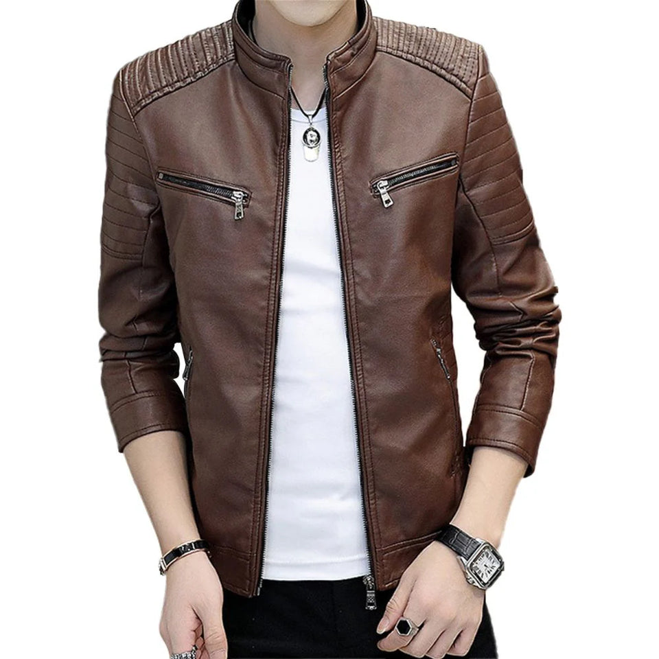 Vintage Brown Quilted Biker Genuine Sheepskin Leather Jacket for Men