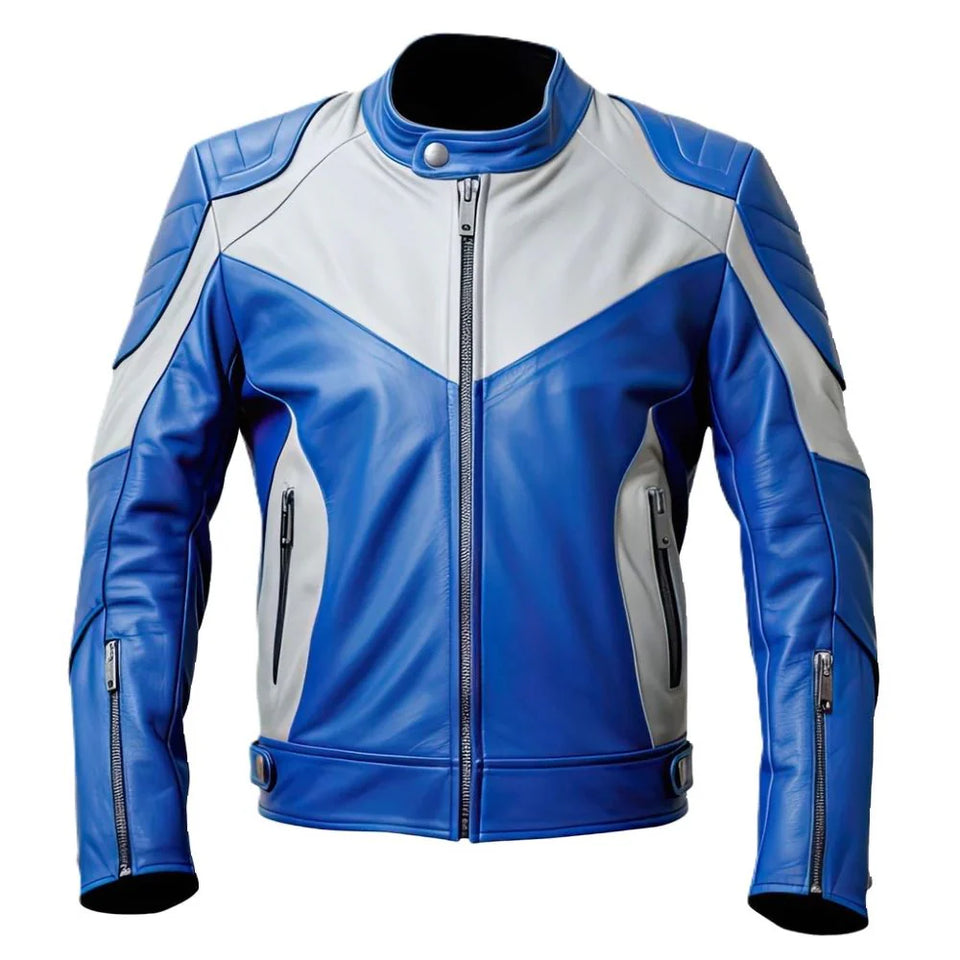 Blue-White Biker Cafe Racer Genuine Sheepskin Leather Jacket for Men