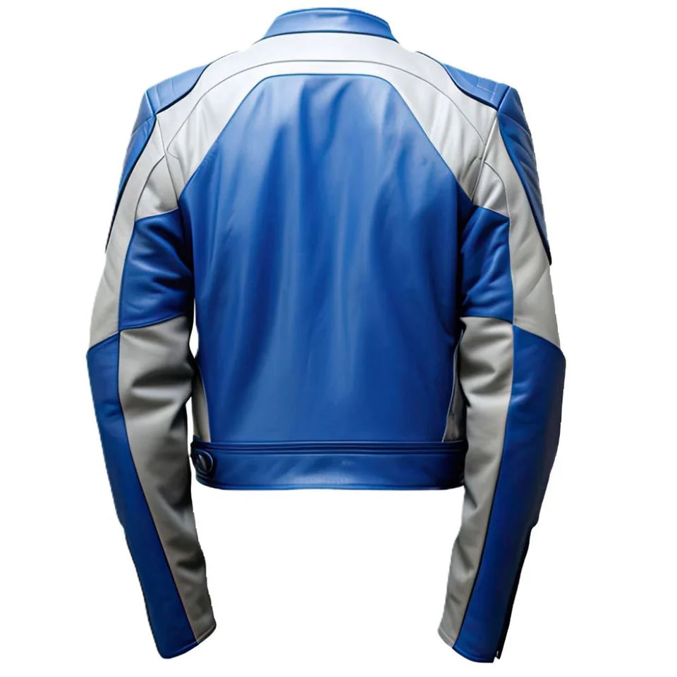 Blue-White Biker Cafe Racer Genuine Sheepskin Leather Jacket for Men
