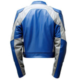 Blue-White Biker Cafe Racer Genuine Sheepskin Leather Jacket for Men
