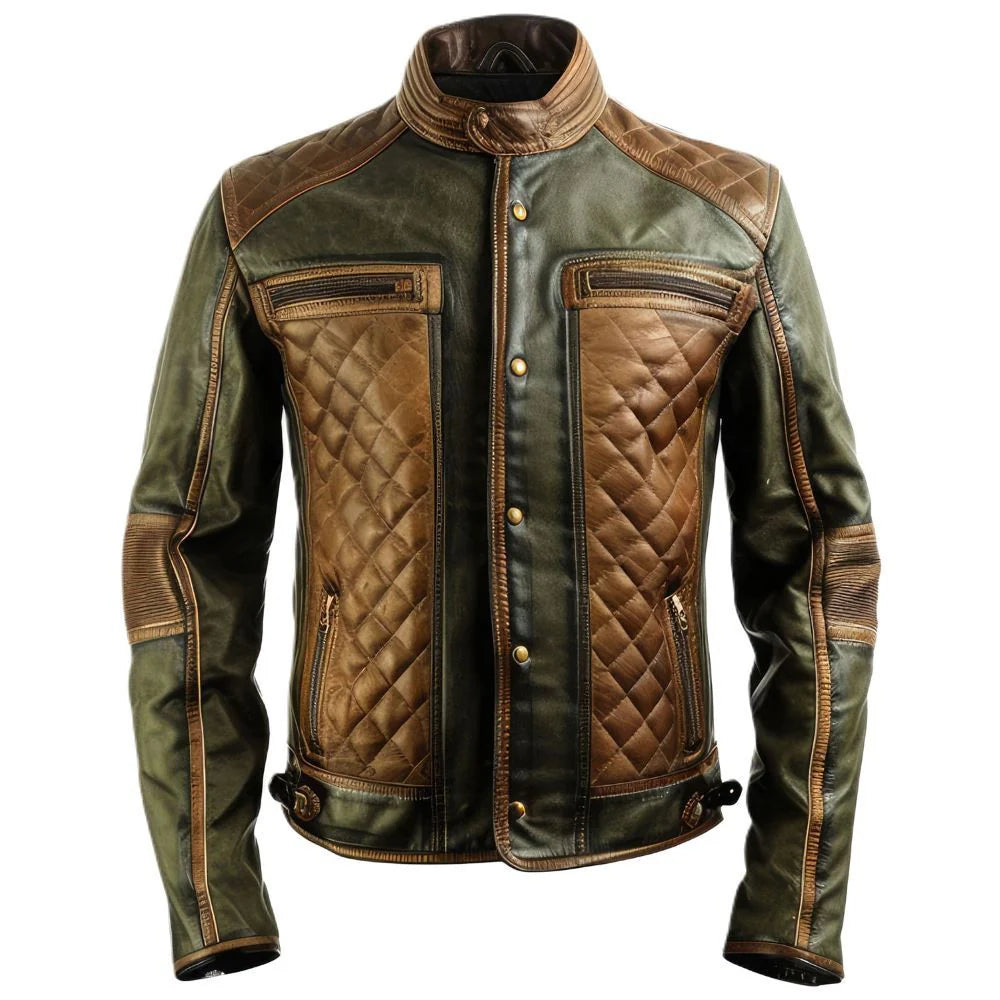 Greenish Brown Genuine Sheepskin Motorcycle Leather Jacket for Men