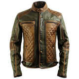 Greenish Brown Genuine Sheepskin Motorcycle Leather Jacket for Men