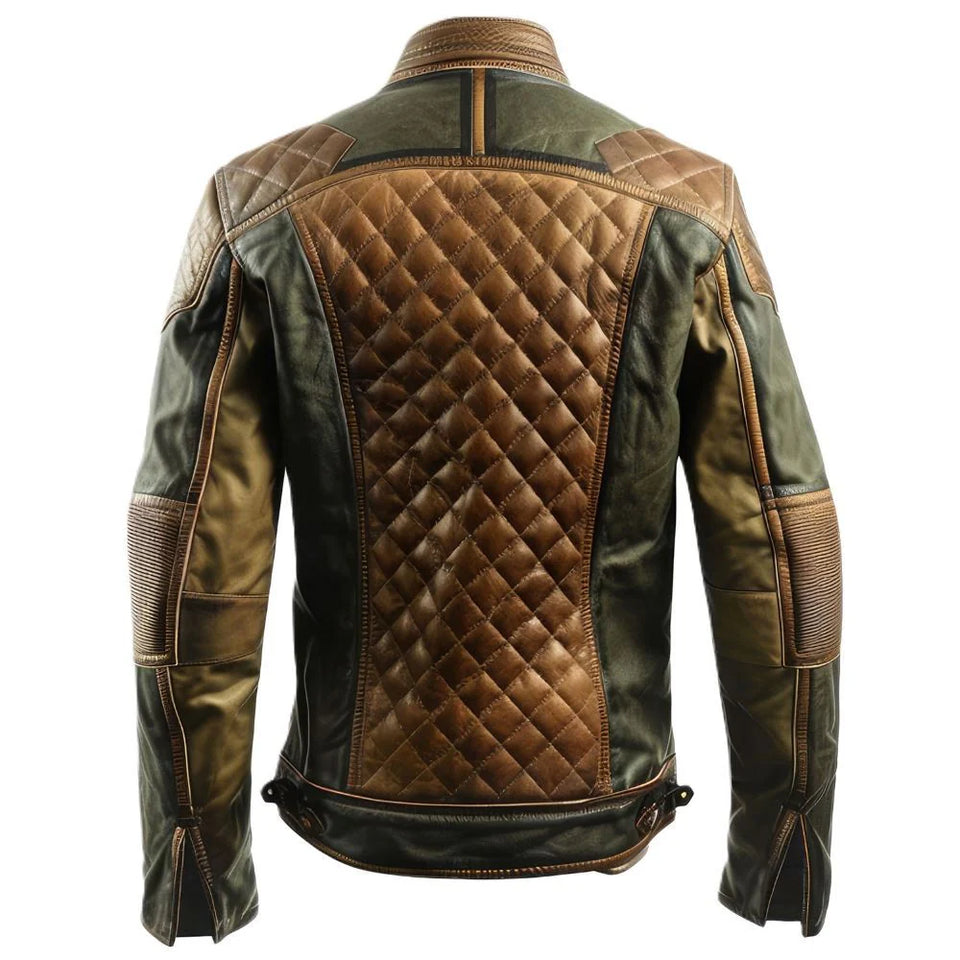 Greenish Brown Genuine Sheepskin Motorcycle Leather Jacket for Men