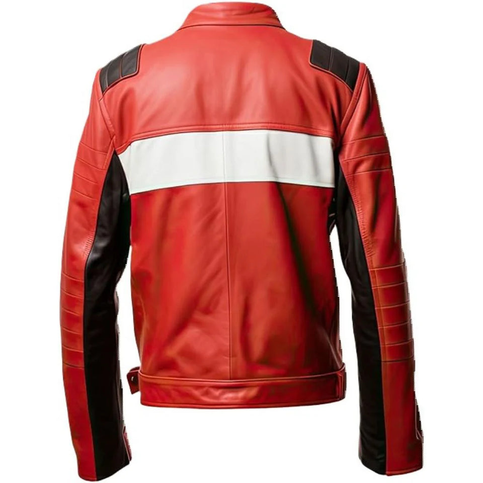 Red Slim-Fit Cafe Racer Genuine Sheepskin Leather Jacket for Men