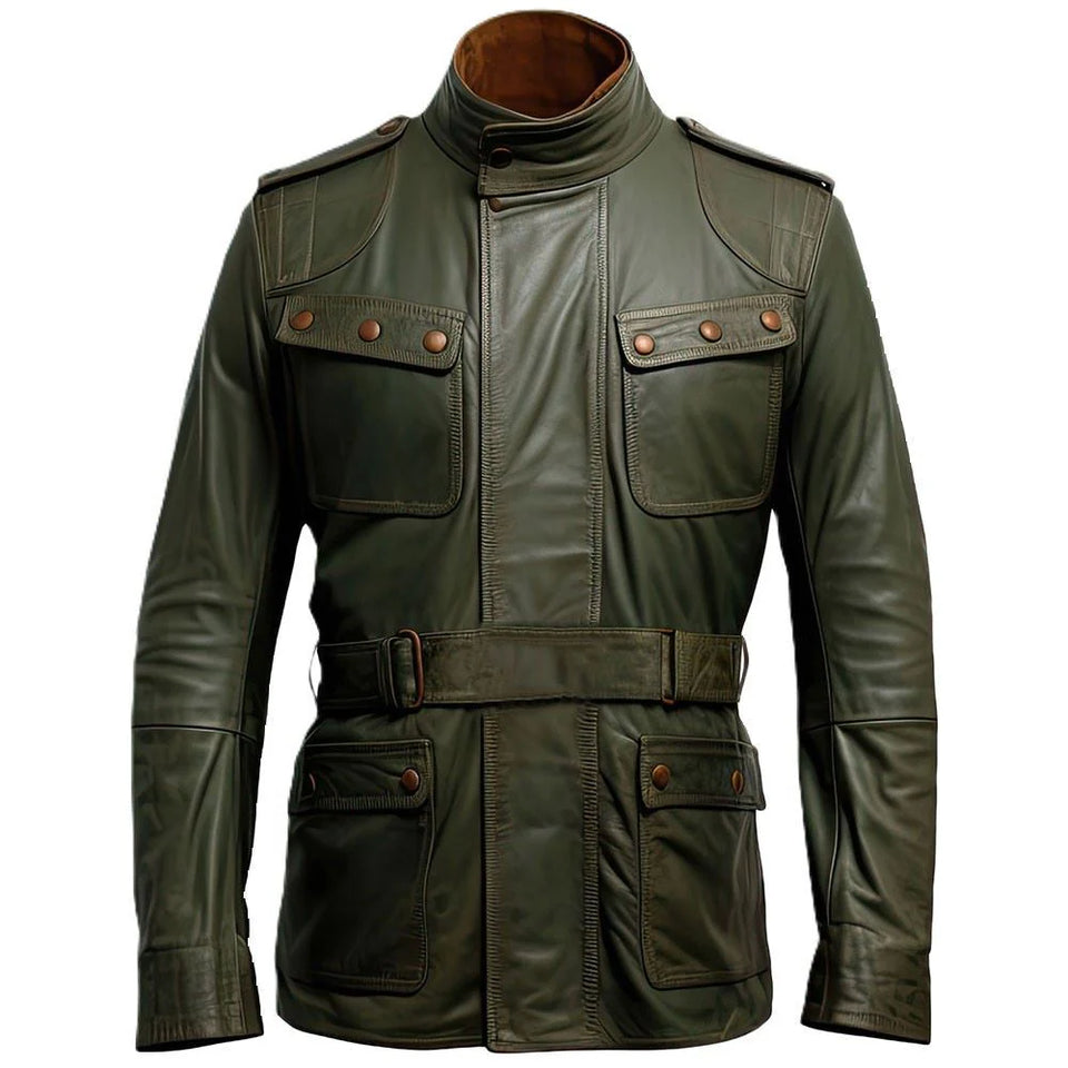 Rich Olive Green Genuine Sheepskin Bomber Biker Leather Jacket for Men