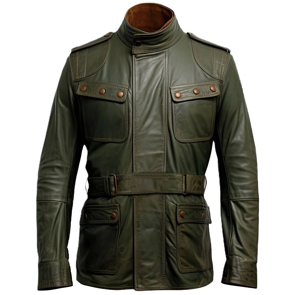 Rich Olive Green Genuine Sheepskin Bomber Biker Leather Jacket for Men