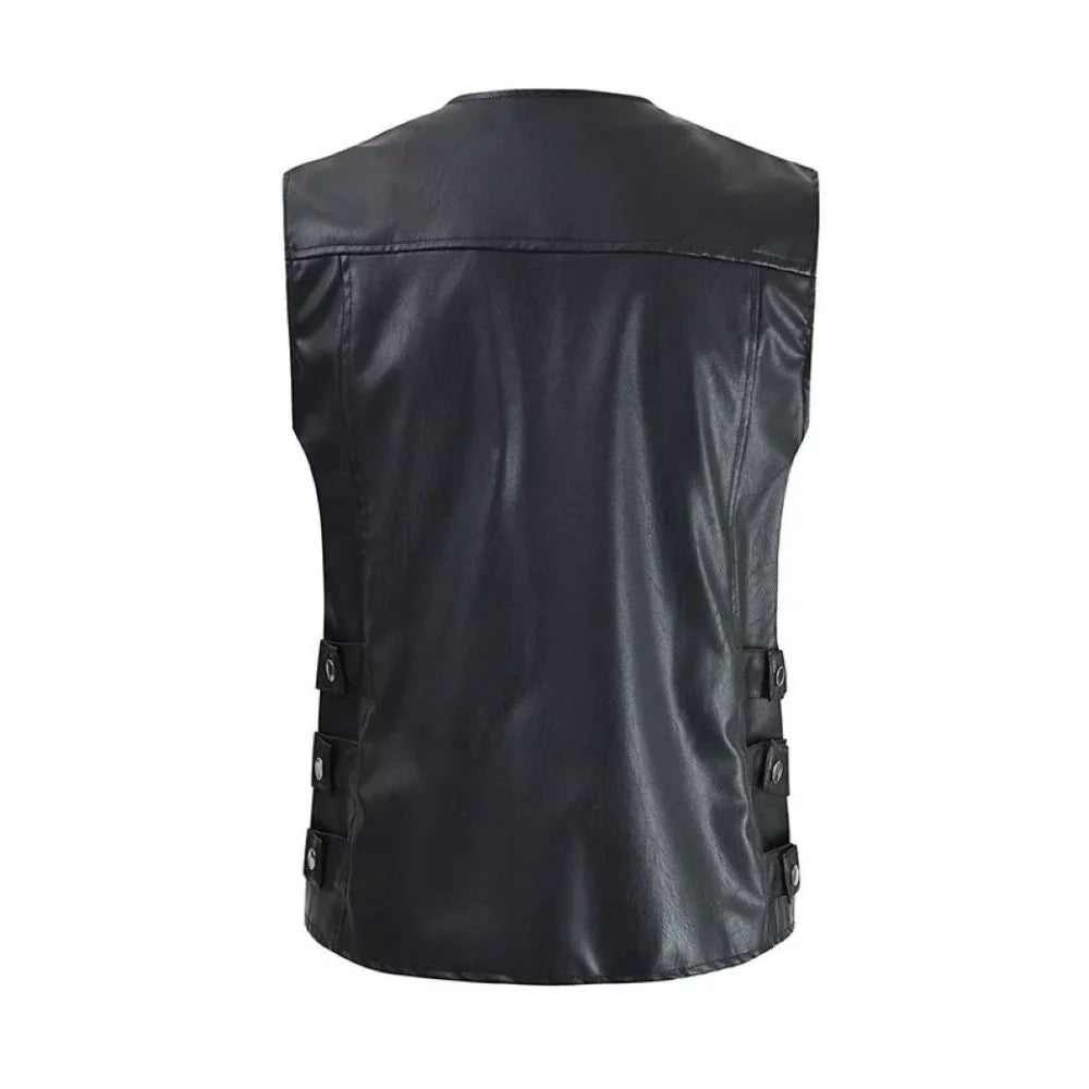 Black Sleeveless Genuine Lambskin Leather Moto Biker Waistcoat for Men