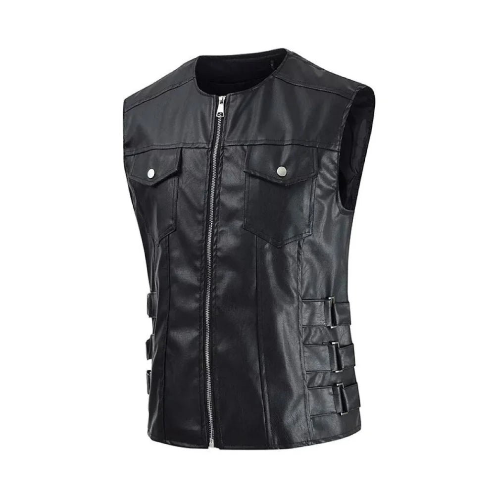 Black Sleeveless Genuine Lambskin Leather Moto Biker Waistcoat for Men